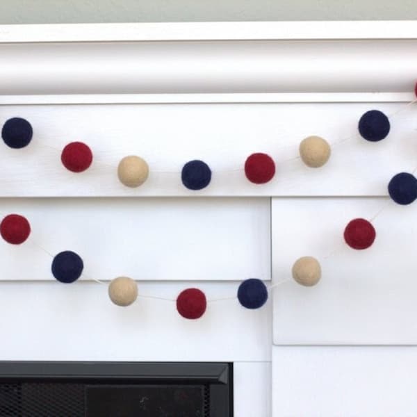 Americana Garland- 1" Felt Balls- Burgundy Red, Navy Blue, Cream- Holiday- Party - USA- Fourth July- Memorial Day- 100% Wool