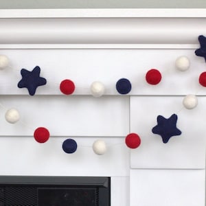 Red White Navy Blue Garland- 1&quot; Felt Balls, 2&quot; Stars- Navy Blue Star- Memorial Day Party Decor, American Flag Mantle Banner, Labor Day Shelf