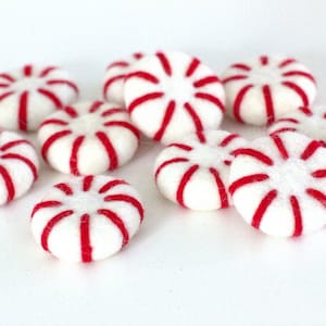 Felt Peppermints Red & White Christmas Home Decor, Winter Tiered Tray, Candy Cane Bowl Filler, Stocking Stuffer, Wool Cat Toy Approx 1.75 image 1