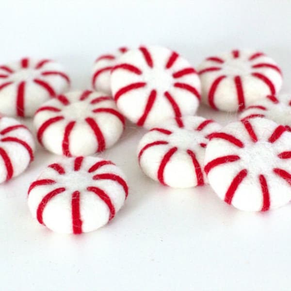 Felt Peppermints Red & White- Christmas Home Decor, Winter Tiered Tray, Candy Cane Bowl Filler, Stocking Stuffer- 100% Wool- Approx. 1.75"