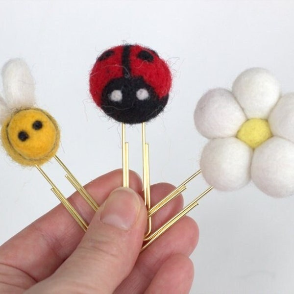 Bookmark Clips- Ladybug, Bumble Bee, Daisy Flower- SET OF 3- Planner Accessories - Page Marker - 100% Wool