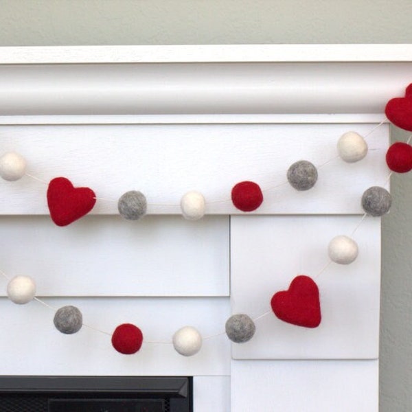 Valentine's Heart Garland- 1" Felt Balls, 1.75" Hearts- Red, Gray, White- Mantle Banner, Shelf Home Decor- 100% Wool