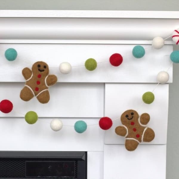 Gingerbread Peppermint Christmas Garland- Turquoise, Red, Green- Mantle Banner, Holiday Shelf, Winter Home Decor- 1" Felt Balls 100% Wool