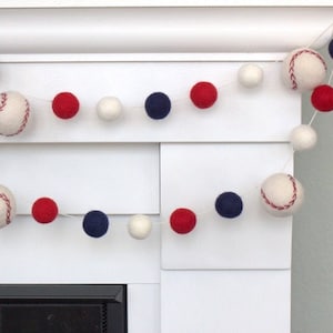 Baseball Garland Decor- 1" Felt Balls  1.75" Baseballs- Red White Navy Blue- School Spirit Colors- 100% Wool