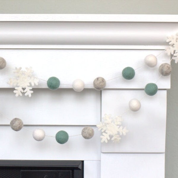 Snowflake & Felt Ball Garland- Pale Teal, Gray, White- Wool Felt Pom Pom- Winter- Christmas- Holiday- Party Decor- 1" Felt Balls- 100% Wool