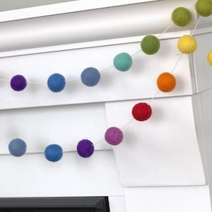 Rainbow Felt Ball Garland Mantle Banner, Shelf Bunting, Nursery Decor, Children's Playroom, Birthday Party 1 Felt Balls 100% Wool image 1