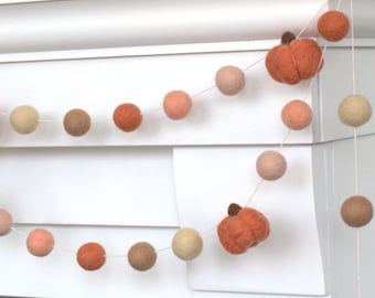 Felt Pumpkin Garland- Terra Cotta - Fall Home Decor- Autumn Mantel, Halloween Shelf, Thanksgiving Banner- 1" Balls, 1.5" Pumpkins- Handmade