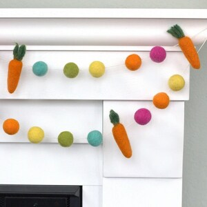 Carrot Easter Felt Garland- 1" Balls, 3.25" Carrots- Bright Colors- Spring Mantle Banner, Shelf Home, Bunny Decor- 100% Wool