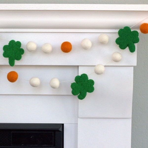 St. Patrick Shamrock Garland- 1" Felt Balls, 2.5" Shamrocks- Green, Light Orange, White- Spring Mantle Shelf, Home Decor, Irish Flag