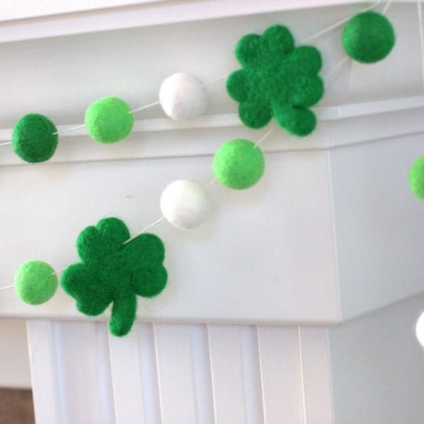 St. Patrick's Shamrock Garland- 1" Felt Balls, 2.5" Shamrocks- Green White-  Spring Mantle Shelf, Leprechaun Home Decor- 100% Wool