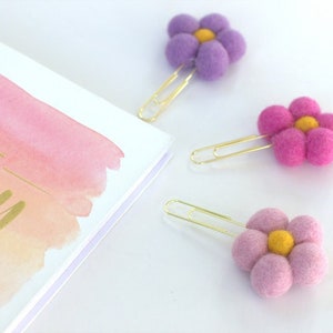 Flower Bookmark Clips- SET OF 3- Pink and Purple Daisies- Planner Accessories - Page Marker - 100% Wool
