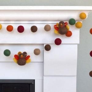 Thanksgiving Turkey Garland- Fall Colors- Mantle Banner, Autumn Shelf, Harvest Home Decor- 1" Felt Balls, 2.5" Turkeys- 100% Wool