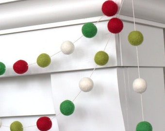 Felt Christmas Garland- Red, Green- Holiday Mantel Banner, Winter Home Decor - 1" Felt Balls- 100% Wool