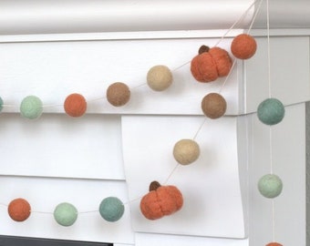 Fall Felt Pumpkin Garland, Thanksgiving Mantel Decor - Teal Tan Terra Cotta - 1" Balls, 1.5" Pumpkins- Handmade