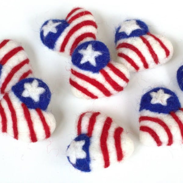 American Flag Hearts- SET OF 3 or 5- Wool Felt USA Fourth of July Memorial Day- Red White Blue- Spring Summer- Approx 1.75" - 100% Wool