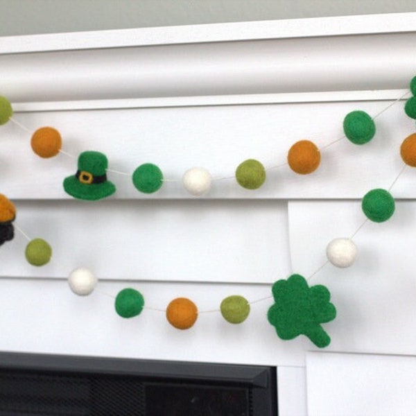 St. Patrick's Day Felt Garland- 1" Felt Balls- Shamrock, Leprechaun, Pot of Gold- Gold and Shades of Green- Spring Mantle Shelf, Home Decor