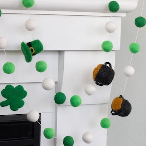 St. Patrick's Day Garland- 1" Felt Balls- Shamrock, Leprechaun, Pot of Gold Felt Ball Garland- Green, White- Spring Mantel Shelf, Home Decor