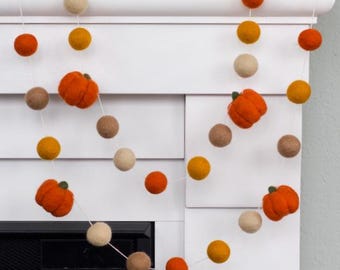 Fall Pumpkin Garland, Thanksgiving Mantel Decor - Orange & Tan - 1" Felt Balls 1.5" Pumpkins - Handmade