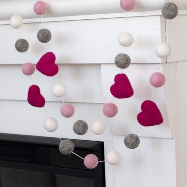 Valentines Heart Garland- Berry Pink, Light Pink, Gray, White- Mantel Banner, Shelf Bunting, Girl Nursery Decor- 1" Felt Balls, 1.75" Hearts
