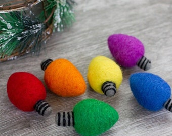 Christmas Light Bulbs Felt Shapes- SET OF 6 Bright Colors- Christmas Decor, Winter Tiered Tray, Holiday Bowl Filler, Cat Toy- Approx. 2.5"