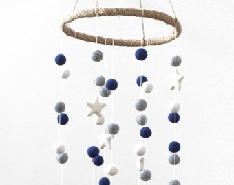 Felt Nursery Mobile- Pom Pom Balls & Stars- Navy, Gray, White- LARGE SIZE- Children Room Ceiling Decor- 100% Wool- Handmade Baby Shower Gift