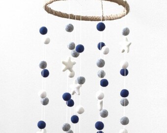 Felt Nursery Ball & Star Mobile- Navy, Gray, White- LARGE SIZE- Children Room Ceiling Decor- 100% Wool- Handmade Baby Shower Gift