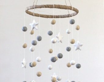 Neutral Nursery Mobile Felt Ball Decor- Felt Pom Balls & Stars- Almond, Gray, White- LARGE SIZE- Baby, Children Ceiling Decor- 100% Wool