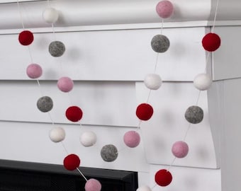 Valentine's Felt Ball Garland - Red, Pink, Gray & White - Mantel Banner, Handmade Home Decor - 100% Wool - 1" Felt Balls