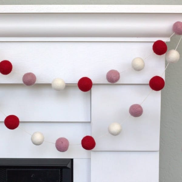 Valentine's Felt Garland-  1" Felt Balls- Red, Pink, White- Mantle Banner, Shelf Home Decor, School Classroom Party- 100% Wool