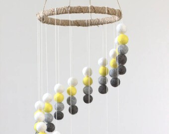 Yellow Spiral Felt Ball Decor Mobile- Neutral Nursery- Yellow, Charcoal, Gray, White- Baby and Childrens Room Pom Pom Mobile- 100% Wool