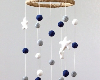 Blue Nursery Felt Ball Mobile Decor- Pom Pom Balls & Stars- Navy Gray White- SMALL SIZE- Baby Children Room Ceiling Decor- 100% Wool