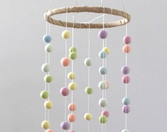 Pastel Rainbow Nursery Mobile Decor- Felt Balls- LARGE SIZE- Baby Children Room Ceiling Decor- 100% Wool- Handmade Baby Shower Gift