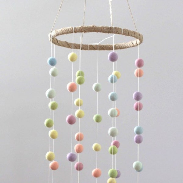 Nursery Mobile Decor- Felt Pom Pom Balls- Pastel Rainbow- LARGE SIZE- Baby Children Room Ceiling Decor- 100% Wool- Handmade Baby Shower Gift