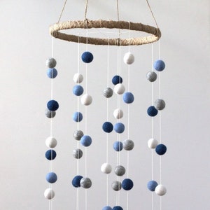 Blue Gray Felt Ball Nursery Mobile- Marine Baby Blue Gray White- LARGE SIZE- Childrens Room Decor- 100% Wool- Handmade Wall Hanging
