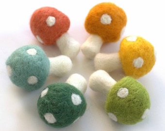 Wool Felt Mushrooms- Woodland Colors- 6 Pieces- Fall Autumn, Garland, Craft, Forest Woodland Toadstool Fairy Garden Mushroom- 1.5" x 2.5"