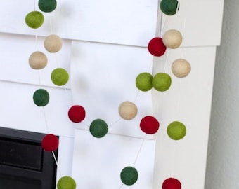 Christmas Felt Ball Garland- Red, Lime, Forest Green, Almond- Mantel Banner, Holiday Shelf, Winter Home Decor- 1" Felt Balls- 100% Wool
