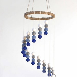 Blue Spiral Felt Ball Mobile Decor- Royal Blue, Baby Blue, Gray, White- Nursery Children Room- 100% Wool- Ecofriendly