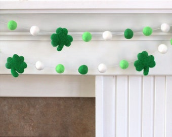 Shamrock Garland St. Patrick's Day- 1" Felt Balls, 2.5" Shamrocks- Green White- Spring Mantle Shelf, Leprechaun Home Decor- 100% Wool