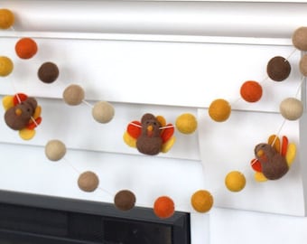 Thanksgiving Turkey Garland- Brown Orange- Fall Mantle Banner, Autumn Shelf, Harvest Home Decor 1" Felt Balls, 2.5" Turkeys- 100% Wool