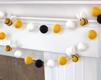 Bumble Bee Felt Garland- 1" Felt Balls- Golden Yellow, Black- Spring Mantle Banner, Summer Shelf Home Decor- 100% Wool