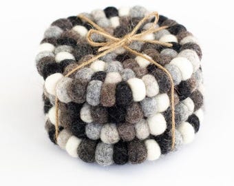 Round Felt Coasters- 4" Wide- Set of 4 or 6- 100% Wool- Neutrals Black White Tan- Handmade Gift Idea- Tea Coffee Table Accessories