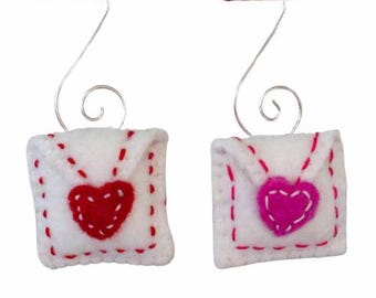Valentine's Day Felt Envelope Card Ornaments- SET OF 1 or 2- Silver Swirl Hooks- Tree Decor- Finished Ornament approx. 3.5" tall