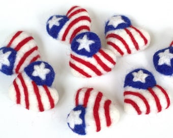 American Flag Hearts- SET OF 3 or 5- Wool Felt USA Fourth of July Memorial Day- Red White Blue- Spring Summer- Approx 1.75" - 100% Wool