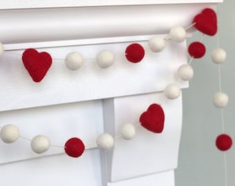 Valentine's Heart Garland- 1" Felt Balls, 1.75" Hearts- Red and White with Red Hearts- Mantle Banner, Shelf Home Decor- 100% Wool