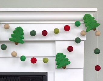 Christmas Tree Felt Garland- Shades of Reds & Greens- Mantel Banner, Holiday Shelf, Winter Home Decor- 1" Wool Felt Balls, 3.5" Trees