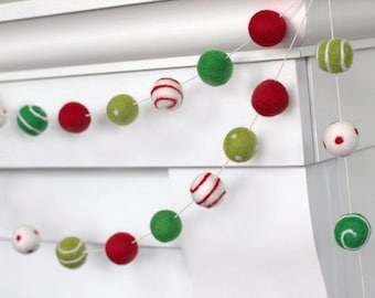 Christmas Felt Ball Swirls & Dots Garland- Red, Greens, White- Pom Pom- Christmas- Holiday- Party Decor- 1" Felt Balls- 100% Wool