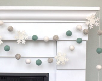 Snowflake & Felt Ball Garland- Pale Teal, Gray, White- Wool Felt Pom Pom- Winter- Christmas- Holiday- Party Decor- 1" Felt Balls- 100% Wool