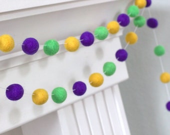 Mardi Gras Felt Ball Garland-  1" Felt Balls- Pom Pom Holiday Banner- Purple Green Golden Yellow- Mantle Banner, Shelf Decor- 100% Wool