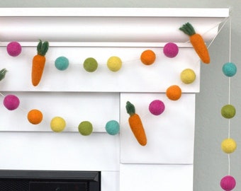 Carrot Easter Felt Garland- 1" Balls, 3.25" Carrots- Bright Colors- Spring Mantle Banner, Shelf Home, Bunny Decor- 100% Wool