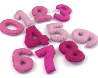 Felt Number Set 0-9 Play Counting Soft Toddler Child Toy- PINKS- Educational Montessori Learning- Pretend Play- Approx. 3" Tall